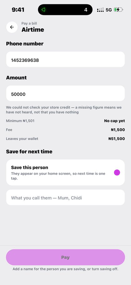 Kpali airtime screen with the phone number, amount and what leaves your wallet — Airtime · Kpali app