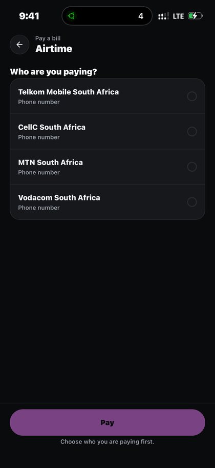 Buy and send airtime on Kpali Choosing a mobile network for an airtime top-up on Kpali in dark mode — Buy and send airtime · Kpali app