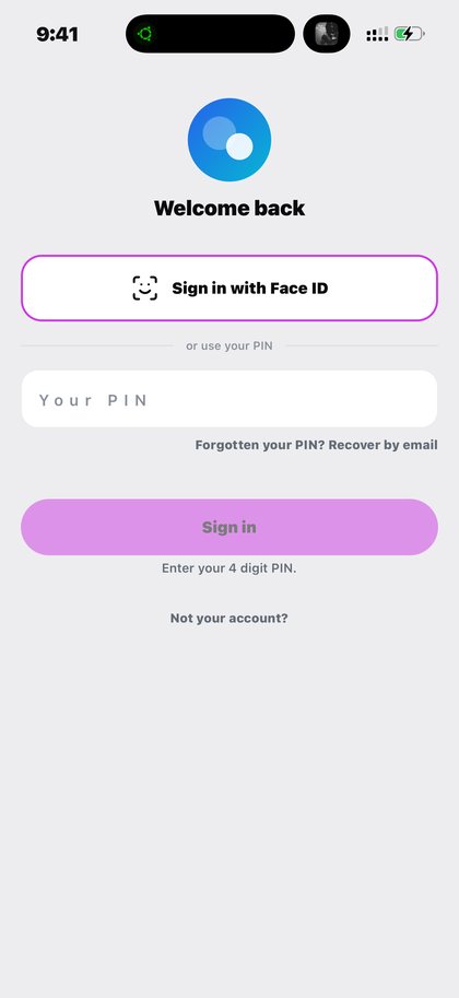 Kpali sign-in screen with Face ID and a four digit PIN — Create an account · Kpali app