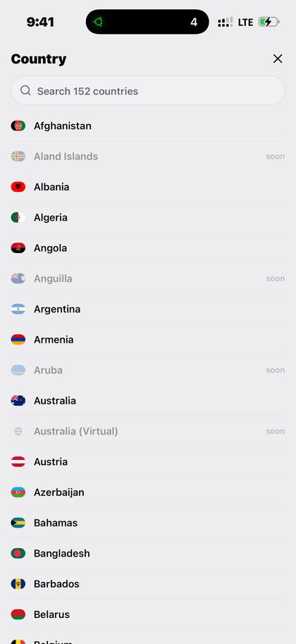 Kpali country picker searching 152 countries with flags — Education in Moldova · Kpali app