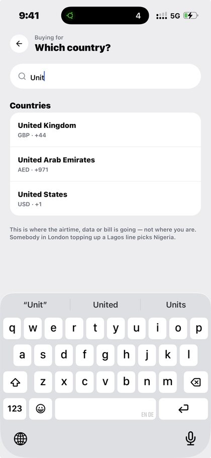 Searching for a country on Kpali before paying a bill — Gas in São Tomé and Príncipe · Kpali app