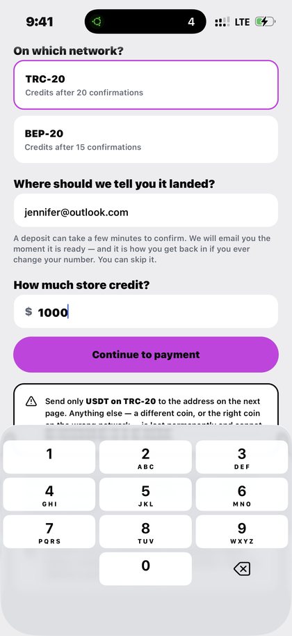 Entering how much store credit to buy on the Kpali deposit screen — TV in Macao · Kpali app