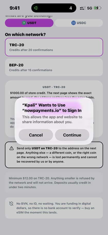 Kpali network choice warning that the wrong chain cannot be recovered — Fund your wallet with crypto · Kpali app