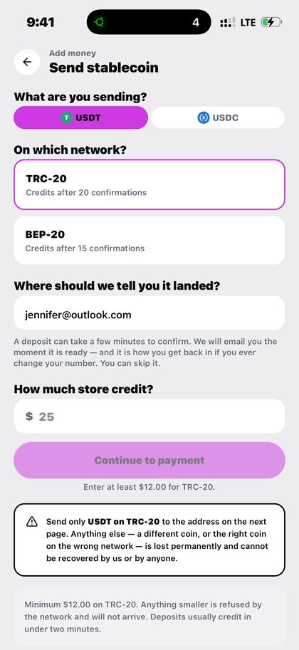 Fund someone else's wallet on Kpali Kpali Add money screen choosing USDT and the TRC-20 network with the wrong-network warning — Fund someone else's wallet · Kpali app