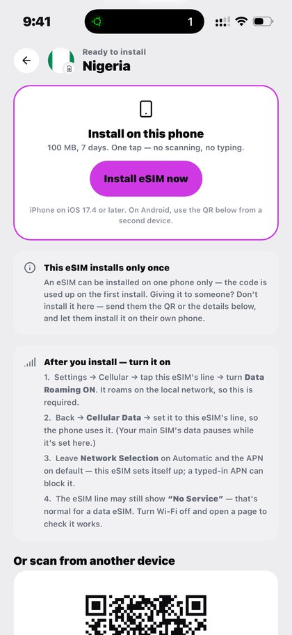 Installing a Kpali eSIM for Nigeria on this phone with one tap — Travel eSIM in Uzbekistan · Kpali app