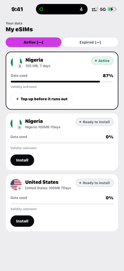 My eSIMs on Kpali tracking data used and validity across several packs — Travel eSIM · Kpali app
