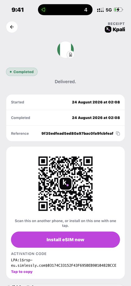 Read a receipt on Kpali A completed Kpali eSIM receipt with the install QR code — Read a receipt · Kpali app