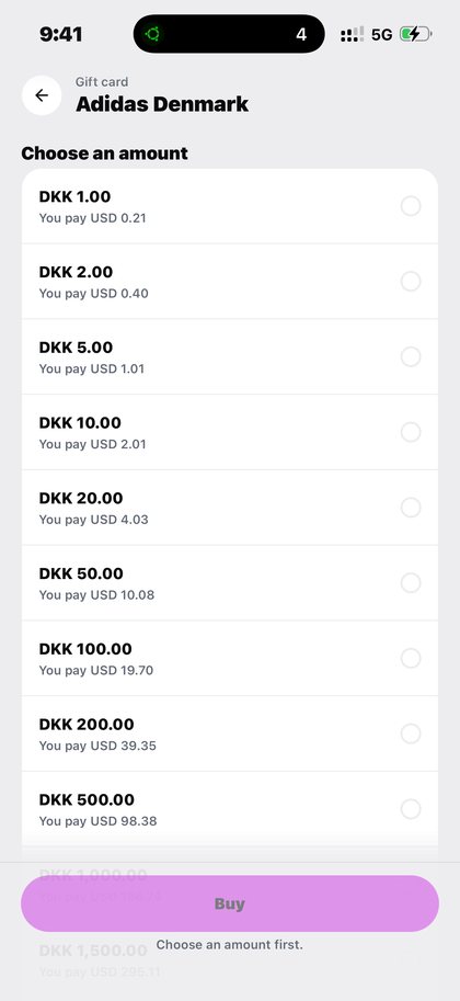 Choosing a gift card denomination on Kpali with the USD you pay — Do you need a digital gift card code now? · Kpali app