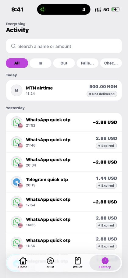 Check your balance on Kpali Kpali history listing every purchase with its status — Check your balance · Kpali app