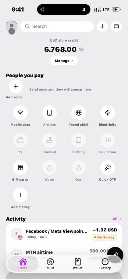 Download the Kpali app on Kpali Kpali home screen showing USD store credit and all twelve product tiles — Download the Kpali app · Kpali app