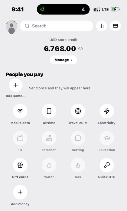Store credit on Home on Kpali Kpali home screen showing USD store credit and all twelve product tiles — Store credit on Home · Kpali app