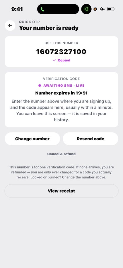 Are other OTP apps getting rejected as VoIP? on Kpali A rented Kpali number awaiting its SMS verification code — Are other OTP apps getting rejected as VoIP? · Kpali app