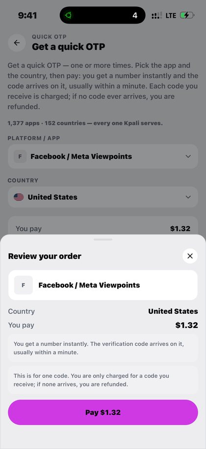 Kpali Quick OTP with the platform and country dropdowns, the live price and the review sheet — Quick OTP in Venezuela · Kpali app