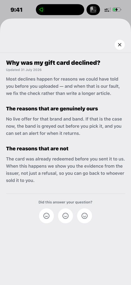 Get support on Kpali Kpali help explaining why a gift card was declined and what happens next — Get support · Kpali app